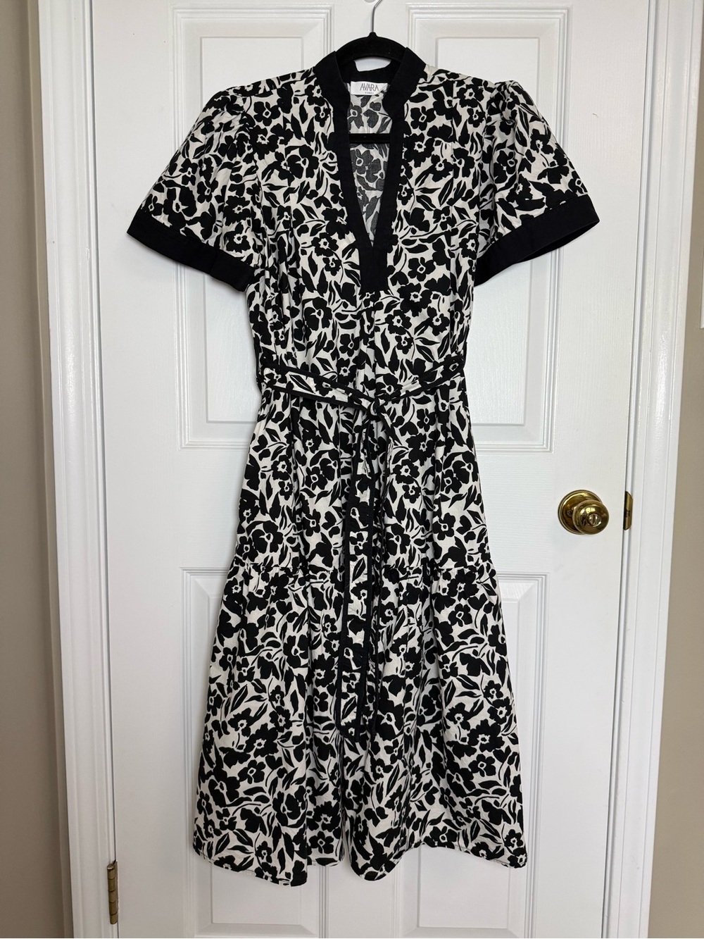 Avera Black & White 100% Cotton Floral-Print Midi Dress with Tie Waist
